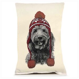 Sundance Cream Pillow with Black Dog Illustration and Red Pom-Pom Hat